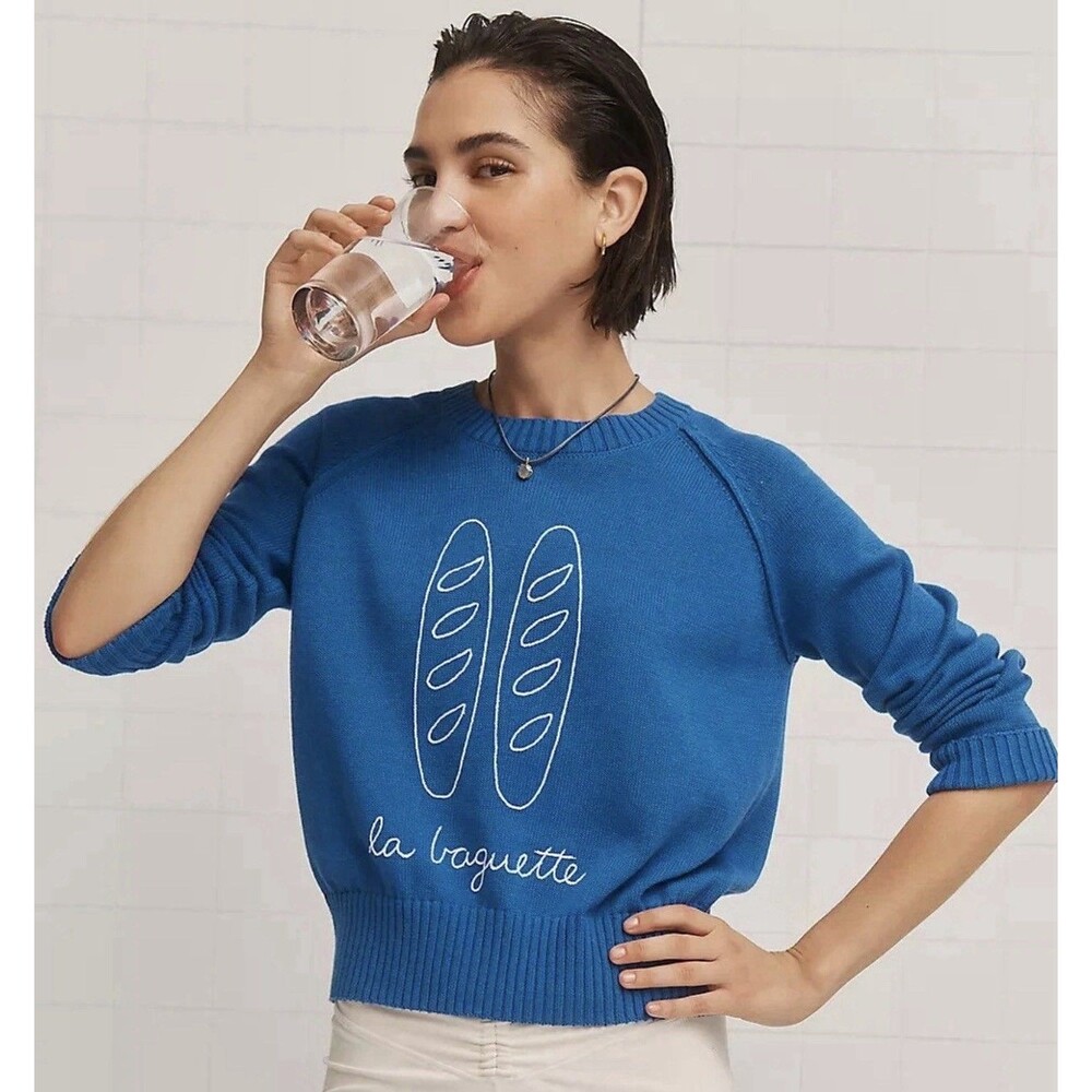 Sundry Baguette Pullover Sweater Anthropologie French Bread Blue Knit Size XL